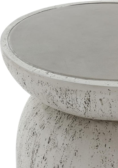 LuxenHome Rustic Outdoor Side Table, 16'' Concrete Small End Tables, Off White and Gray Weathered Accent Table for Patio, Indoor, Poolside, Backyard, Outside, Decorative Garden Stool, Plant Stand