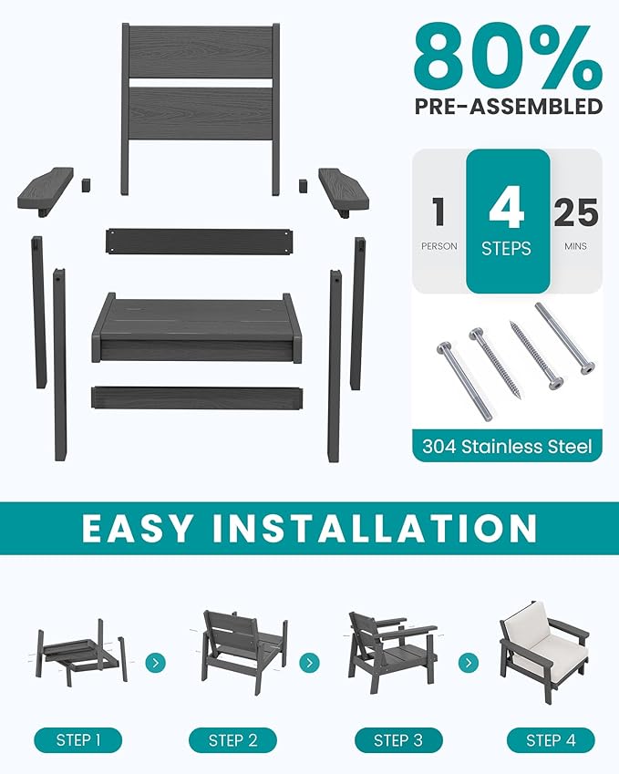 SERWALL HDPE Outdoor Furniture Set, 7 Piece All Weather Wood-Like Outdoor Sofa Sectional Couch - Photo 7