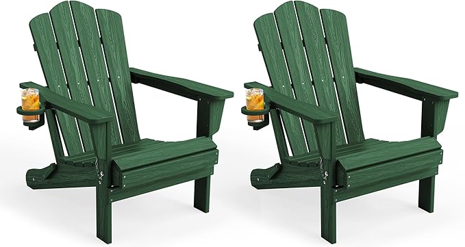 KINGYES Folding Adirondack Chair Set of 2, HDPE All-Weather Folding Adirondack Chair, Green