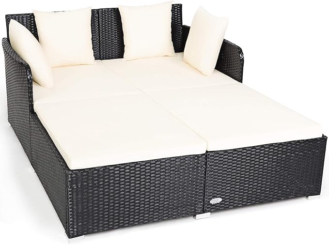 COSTWAY Outdoor Patio Rattan Daybed, Sponge Cushioned Loveseat Sofa with 4 Pillows, Wicker Furniture Sunbed for Balcony - Photo 1