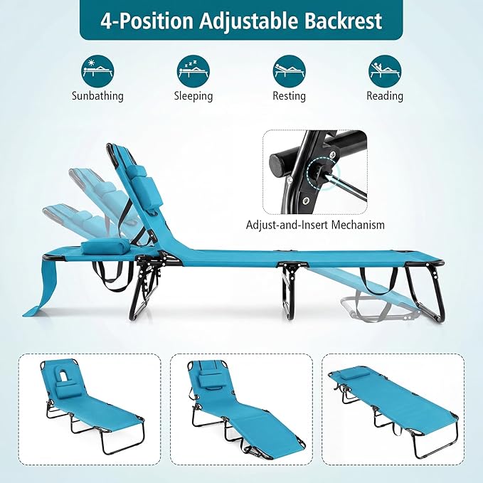GYMAX Tanning Chair, Folding Lounge Chairs with Face Hole & Cover, Removable Pillow Carry Handle, Portable Compact Outdoor Layout Recliner for Beach, Poolside, Lawn, Patio, Camping (Turquoise,2)