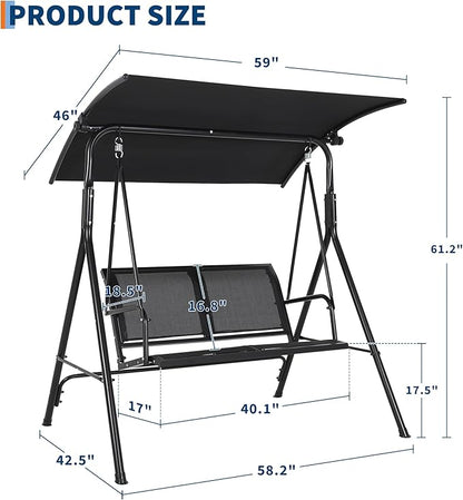 Porch Swing with Adjustable Canopy for Adults 2-Seat Outdoor Waterproof Textilene & Steel Frame Patio Swing Bench for Backyard Lawn Garden Black