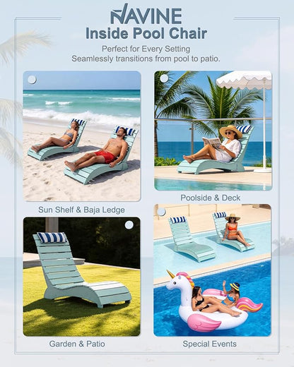 Pool Lounge Chairs, HDPE Adjustable Chaise Chairs with Headrest, Weighted Fade-Resistant Pool Chairs and Lounger for Baja Ledge，Poolside and Deck, Aruba Blue