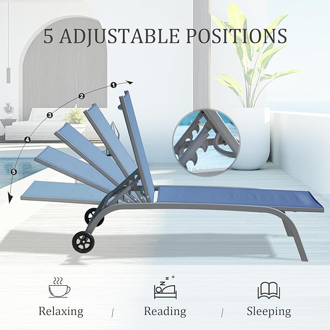 Domi Outdoor Chaise Lounge Chair with Wheels, Patio Lounge Chairs for Outside Set of 3, Sturdy Metal Frame with 5 Adjustable Position Recliner for Porch, Beach,Pool, Yard, Navy Blue