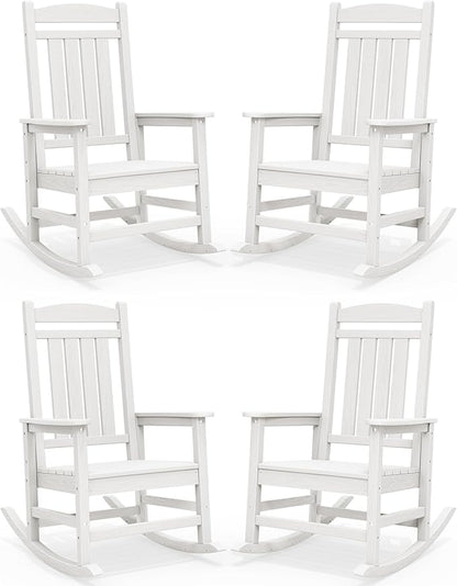 SERWALL Outdoor Rocking Chairs Set of 4, Oversized HDPE Porch Rockers for Adults, All-Weather Composite Patio Rocking Chairs, White
