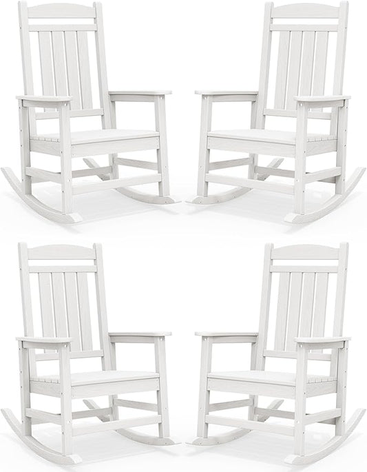 SERWALL Outdoor Rocking Chairs Set of 4, Oversized HDPE Porch Rockers for Adults, All-Weather Composite Patio Rocking Chairs, White