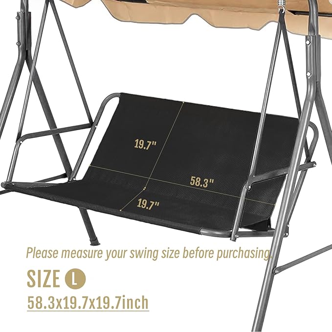 Porch Patio Swing Seat Cover Replacement, 600D Thicken Oxford Waterproof Replacement Fabric for Outdoor Garden Swing 2/3 Seater Chair 58.3x19.7x19.7inch (Black-L)