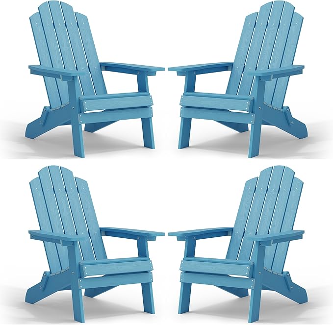 MXIMU Folding Adirondack Chair for Outdoor: Easy to Assemble and Comfortable Adirondack Chairs Set of 4 - All Weather Composite Plastic Chair for Outside Fire Pit Patio Lawn Garden Backyard Use(Blue)