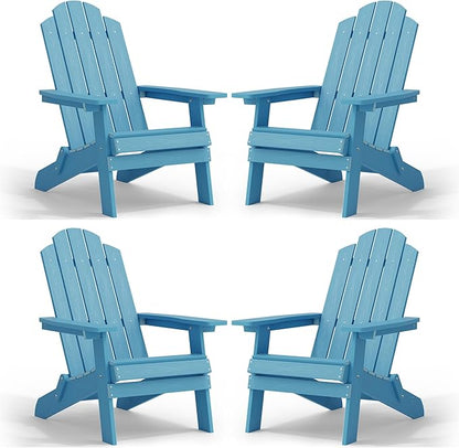 MXIMU Folding Adirondack Chair for Outdoor: Easy to Assemble and Comfortable Adirondack Chairs Set of 4 - All Weather Composite Plastic Chair for Outside Fire Pit Patio Lawn Garden Backyard Use(Blue)