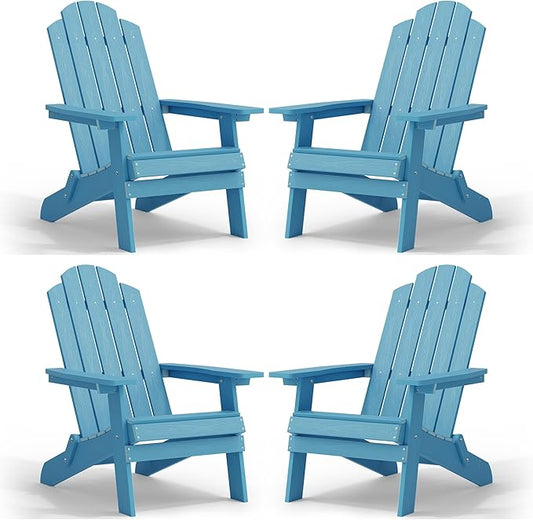 MXIMU Folding Adirondack Chair for Outdoor: Easy to Assemble and Comfortable Adirondack Chairs Set of 4 - All Weather Composite Plastic Chair for Outside Fire Pit Patio Lawn Garden Backyard Use(Blue)