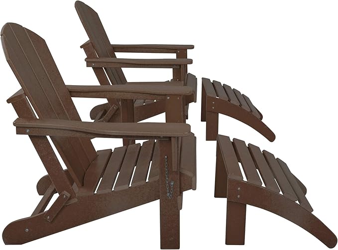 WestinTrends Malibu Outdoor Lounge Chairs Set, 5-Pieces Adirondack Chair Set of 2 with Ottoman and Side Table, All Weather Poly Lumber Patio Lawn Folding Chair for Outside, Dark Brown