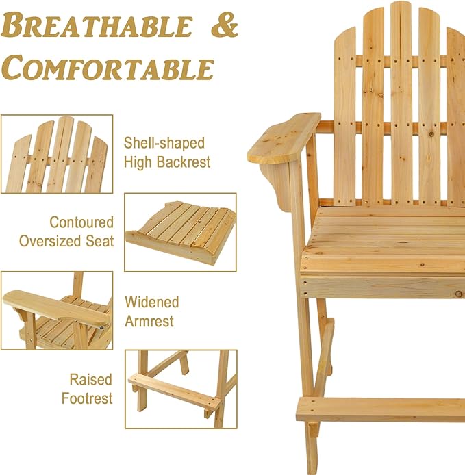 Ready-to-Finish Balcony Tall/Counter High Adirondack Chair with Footrest for Outdoor Outside Garden - Unfinished Natural Wood Bar Chair