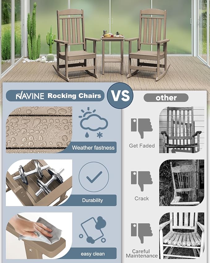 3-Piece Outdoor Rocking Chair Set, Oversized Porch Rocking Chair Set of 2 with Side Table, HDPE High Back Patio Rocking Chair, Suitable for Patio, Porch, Backyard, Brown