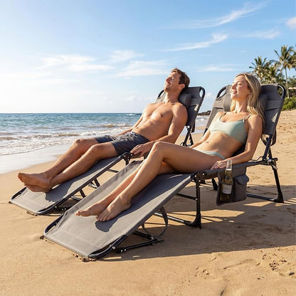 GYMAX Tanning Chair with Face Hole, Sun Bathing Lounge Chairs for Outside with Side Pocket, Folding Portable Face Down Layout Tanning Chair Beach, Backyard, Poolside, Lawn (Grey,2)