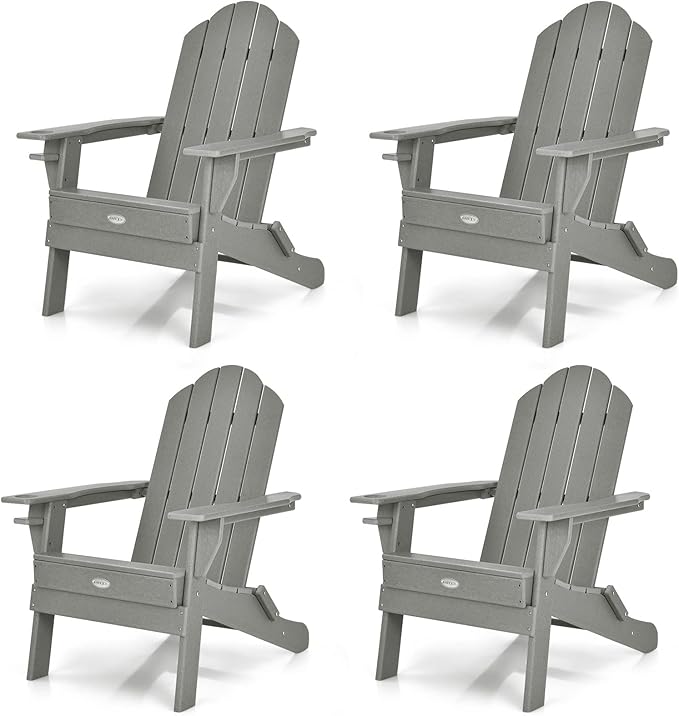 Tangkula Outdoor Folding Adirondack Chair, HDPE Armchairs with Cup Holder, Weather Resistant Lounger Chair for Patio Garden Fire Pit Backyard, Lawn Porch Seating, Adirondack Lounger (4, Grey)