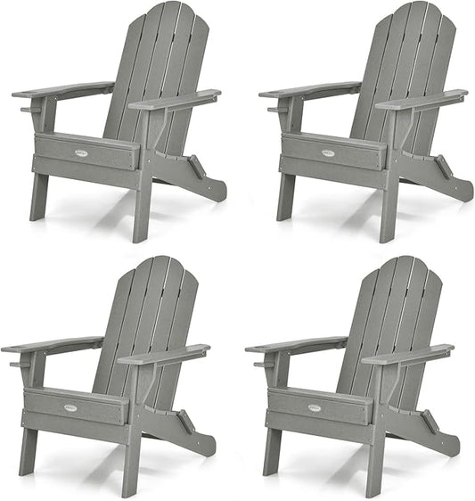 Tangkula Outdoor Folding Adirondack Chair, HDPE Armchairs with Cup Holder, Weather Resistant Lounger Chair for Patio Garden Fire Pit Backyard, Lawn Porch Seating, Adirondack Lounger (4, Grey)