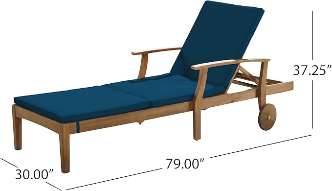 Christopher Knight Home Benjamin Outdoor Acacia Wood 3 Piece Chaise Lounge Set, Teak Finish, Blue - Photo 9
