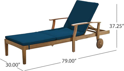 Christopher Knight Home Benjamin Outdoor Acacia Wood 3 Piece Chaise Lounge Set, Teak Finish, Blue