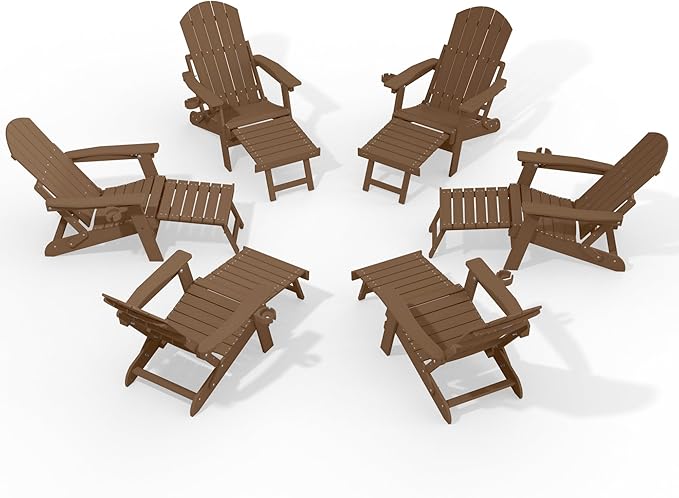 YEFU Adjustable Adirondack Chair with Retractable Ottoman Set of 6,Folding Adirondack Chair with Cup-Holder, Outdoor Chairs with Footrest,Weather Resistant Fire Pit Chairs,for Patio Lawn