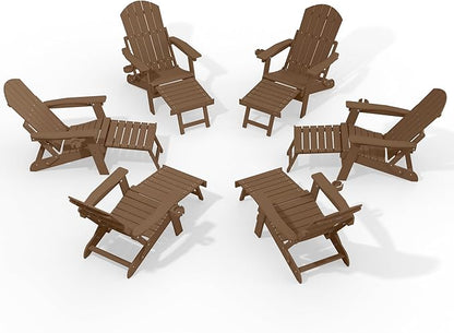 YEFU Adjustable Adirondack Chair with Retractable Ottoman Set of 6,Folding Adirondack Chair with Cup-Holder, Outdoor Chairs with Footrest,Weather Resistant Fire Pit Chairs,for Patio Lawn