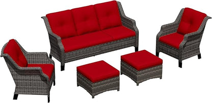 Patio Furniture Set 5 Pieces, Outdoor Wicker Furniture with Coffee Table and Side Table, Modern Rattan Patio Chairs Conversation Sets with Sofa for Garden, Terrace, Porch, Balconies, Lawns
