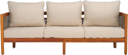 SAFAVIEH Outdoor Collection Amanda Natural Acacia Solid Wood/Taupe Cushion 3-Seater Sofa