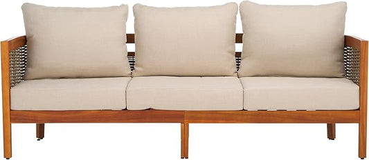 SAFAVIEH Outdoor Collection Amanda Natural Acacia Solid Wood/Taupe Cushion 3-Seater Sofa