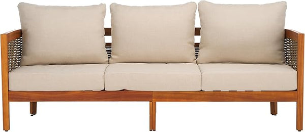 SAFAVIEH Outdoor Collection Amanda Natural Acacia Solid Wood/Taupe Cushion 3-Seater Sofa - Photo 1