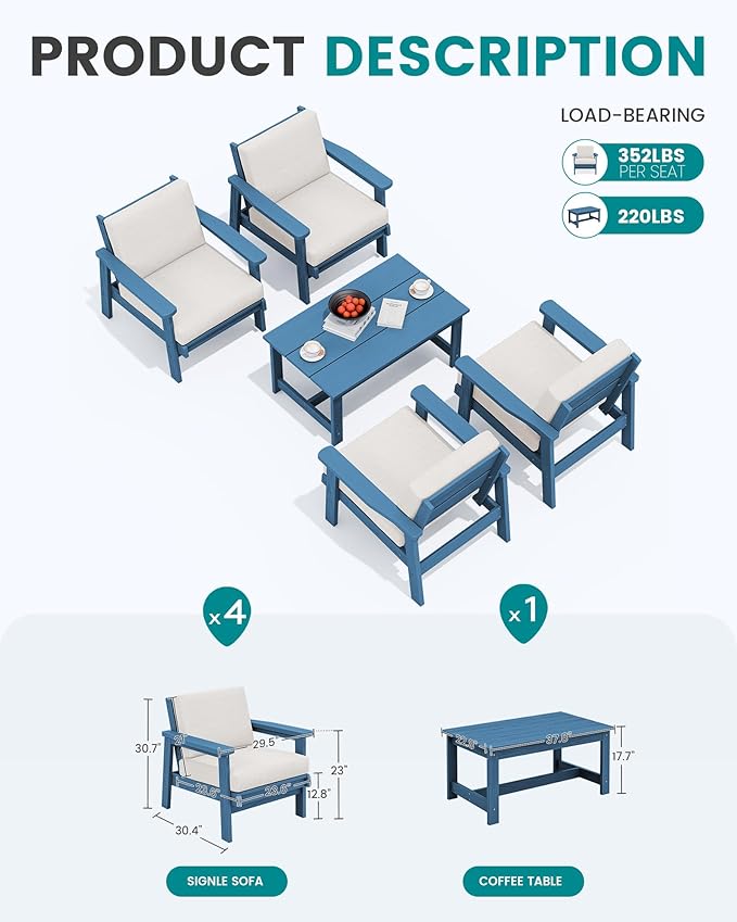 SERWALL Outdoor Patio Furniture Set, 5 Piece HDPE Patio Conversation Sets - Photo 2