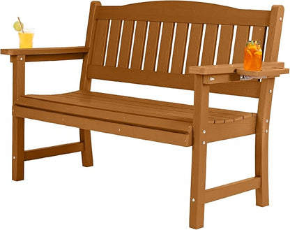 2-Person HIPS Outdoor Bench, Weatherproof Garden Bench with 800 lbs Weight Capacity, Artificial Wood Grains, Never Rot or Fade, Patio Benches for Garden, Porch, Balcony, Backyard, Brown