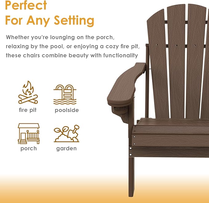 IVY&LANE Folding-Adirondack-Chair-Set-of-2 | HDPE Plastic | Dark Brown | Outdoor Fire Pit Chair with Cup Holder | Poly | Weather Resistant | for Patio Deck Poolside Garden Beach
