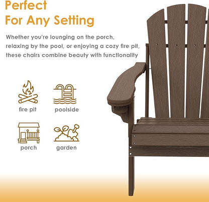 IVY&LANE Folding-Adirondack-Chair-Set-of-2 | HDPE Plastic | Dark Brown | Outdoor Fire Pit Chair with Cup Holder | Poly | Weather Resistant | for Patio Deck Poolside Garden Beach
