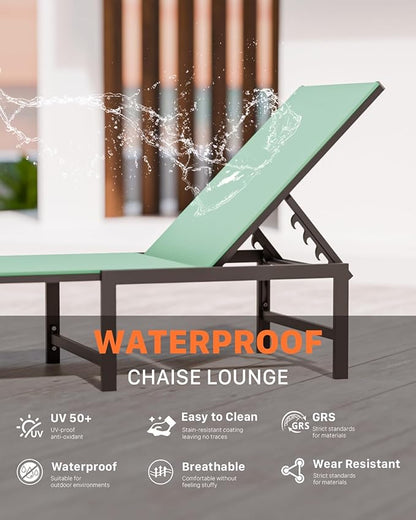 Chaise Lounge Chair Outdoor,Aluminum Patio Lounge Chairs Set of 2,Pool Lounge Chairs with 5 Adjustable Backrest and Headrest Pillows for Outside Beach，Green