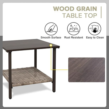 COOS BAY Aurora Terrace Outdoor Side Table with 2-Tier Storage, Metal Patio Table for Garden, Balcony, Poolside, Porch, Wood Grain Top