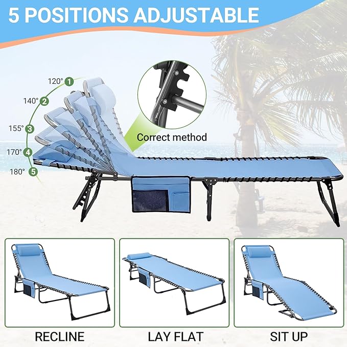 #WEJOY Folding Outdoor Chaise Lounge Chair, Adjustable Lightweight Portable Beach Lounge Chair for Patio, Pool, Lawn - Photo 6