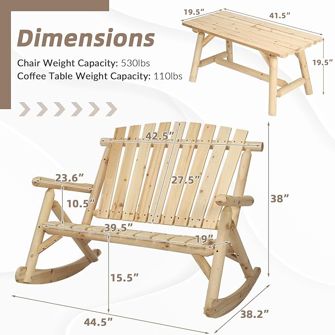 Patio Wooden Rocking Bench, Outdoor Conversation Sets with 2-Seater Adirondack Porch Rocker Loveseat and Coffee Table, Patio Rustic Log Rocker Bench for Deck, Backyard, Garden, Natural