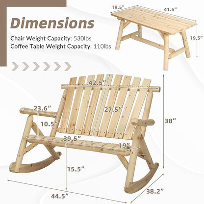 Patio Wooden Rocking Bench, Outdoor Conversation Sets with 2-Seater Adirondack Porch Rocker Loveseat and Coffee Table, Patio Rustic Log Rocker Bench for Deck, Backyard, Garden, Natural