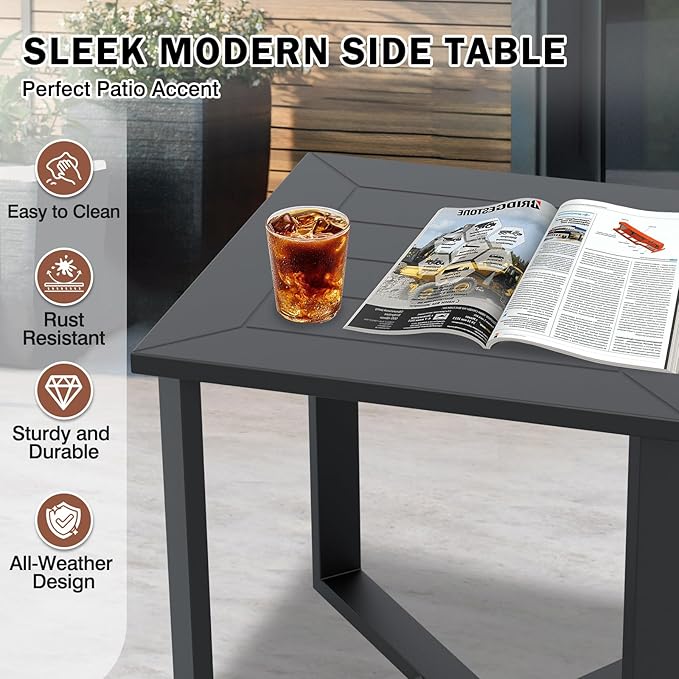 EAGLE PEAK Urban Slate Modern Outdoor Side Table, Weather-Resistant Steel Accent Patio Table for Backyard, Garden, Deck, Porch, or Balcony, Black
