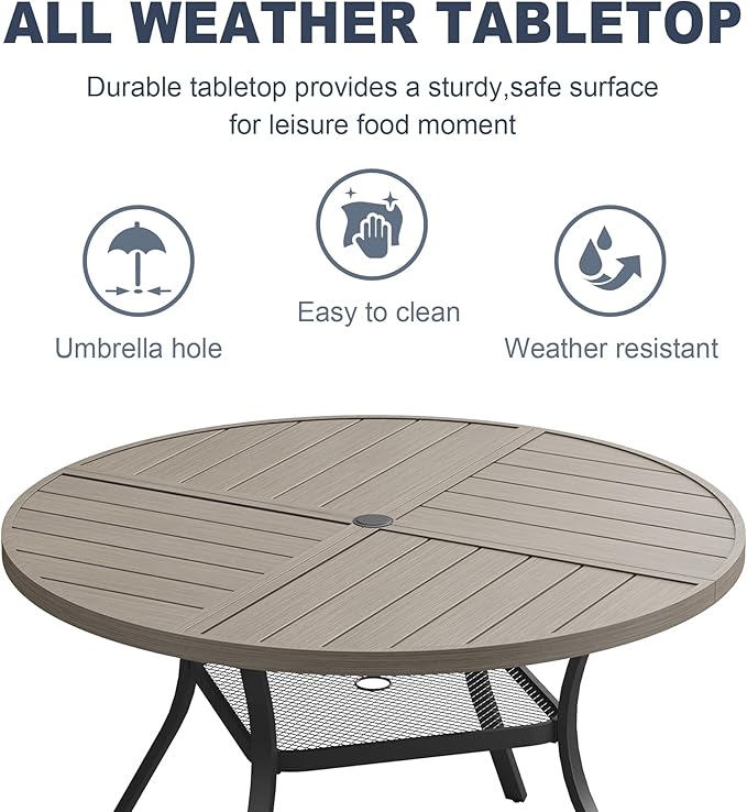 VICLLAX 47.2" Round Patio Dining Table for 4-6, All Weather Metal Outdoor Table with 1.57" Umbrella Hole and Storage Shelf for Garden Lawn Deck, Grey