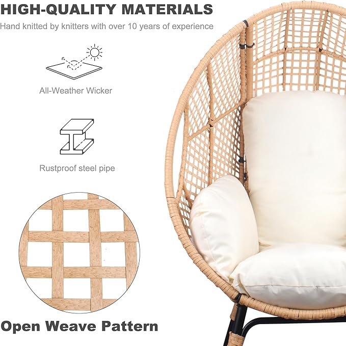 Oversized Wicker Egg Chair Outdoor Indoor Rattan Patio Egg Lounge Chairs with Cushion 500lbs Capacity for Living Room, Balcony, Backyard(Beige)