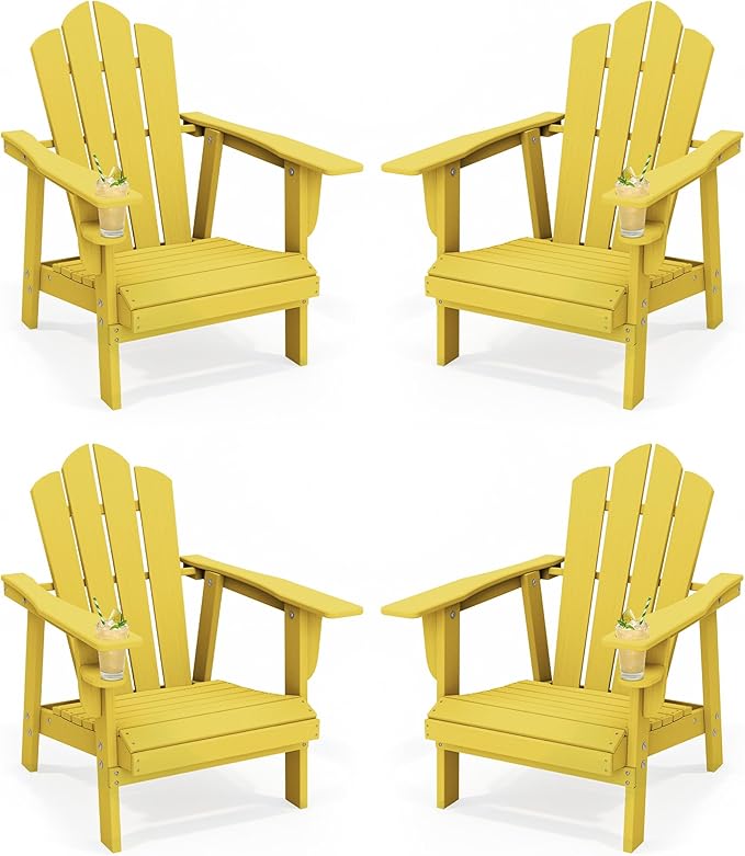 PROHIKER Adirondack Chair with Cup Holder, Plastic Patio Chair, All Weather Outdoor Chairs for Fire Pit Lawn Garden Porch Backyard (Yellow, 4 Pack)