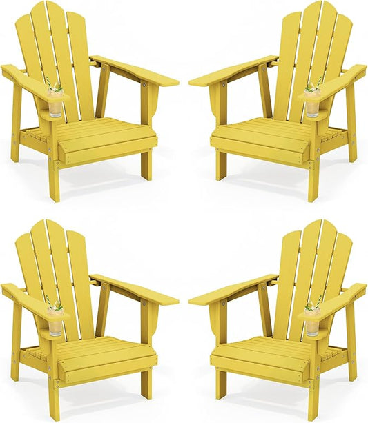 PROHIKER Adirondack Chair with Cup Holder, Plastic Patio Chair, All Weather Outdoor Chairs for Fire Pit Lawn Garden Porch Backyard (Yellow, 4 Pack)