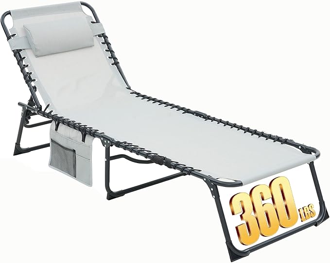 Folding Chaise Lounge Chair, Patio Teslin Tanning Chair, Outdoor Chaise Lounger with 5-Position Reclining Back, Breathable Mesh Seat for Beach, Poolside, Patio Sunbathing Grey