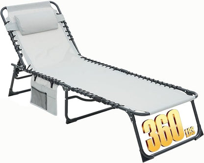 Folding Chaise Lounge Chair, Patio Teslin Tanning Chair, Outdoor Chaise Lounger with 5-Position Reclining Back, Breathable Mesh Seat for Beach, Poolside, Patio Sunbathing Grey