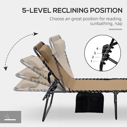 Outsunny 2 Piece Folding Chaise Lounge with 5-Level Reclining Back, Tanning Chair with Face Hole, Outdoor Lounge Chair with Side Pocket & Headrest for Beach, Yard, Patio, Beige