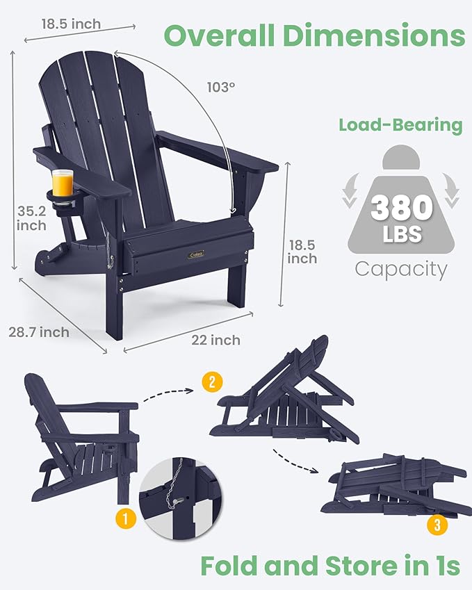 Ciokea Folding Adirondack Chairs Set of 2, Patio Adirondack Chair Weather Resistant - Photo 3