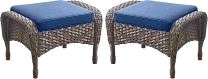 Outdoor Ottomans Patio Footrest Set of 2 - High Back Comfortable Brown Wicker Rattan Steel Frame Footstool Additional Bench Side Table for Porch Balcony Deck Garden Poolside - Navy Blue