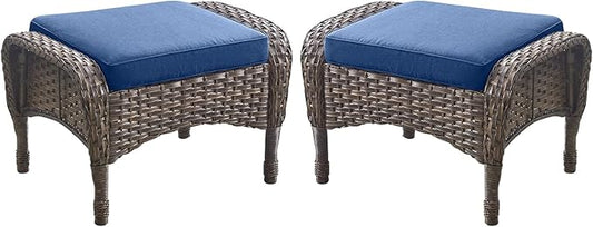 Outdoor Ottomans Patio Footrest Set of 2 - High Back Comfortable Brown Wicker Rattan Steel Frame Footstool Additional Bench Side Table for Porch Balcony Deck Garden Poolside - Navy Blue