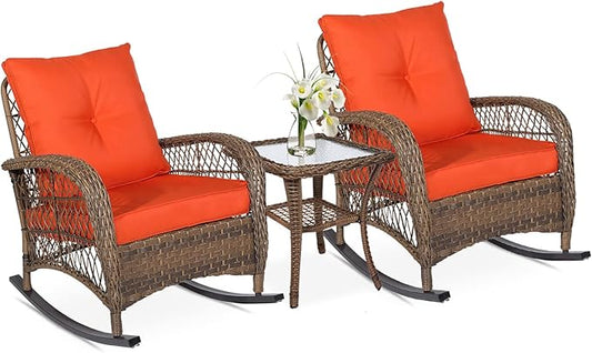 VIVIJASON 3-Piece Outdoor Conversation Bistro Set, Patio Wicker Rocking Chairs Rattan Furniture Sets w/ 2 Rattan Cushioned Chairs and Glass Top Side Table for Garden Porch Backyard (Orange)