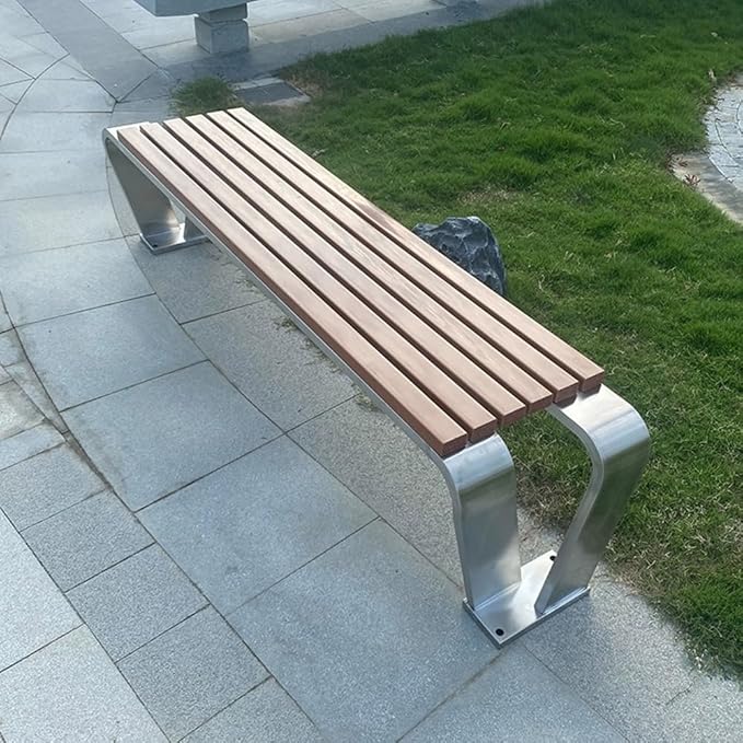 LITFAD Outdoor Indoor Bench Stainless Steel Metal Park Bench with Waterproof Brown Wood Seating Modern Garden Bench for Patio, Lawn, Yard, Porch - Type C 71" L x 16" W x 18" H